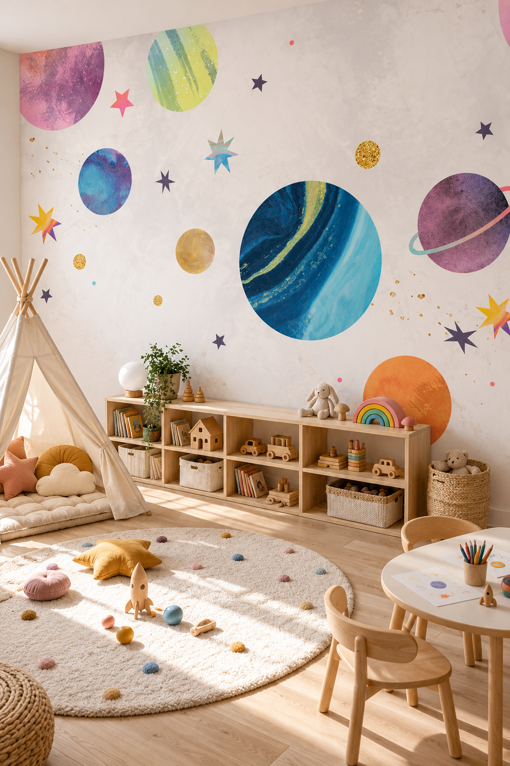 Voûte des planètes, papier peint panoramique dans une chambre d'enfant : visuel d'ambiance illustratif