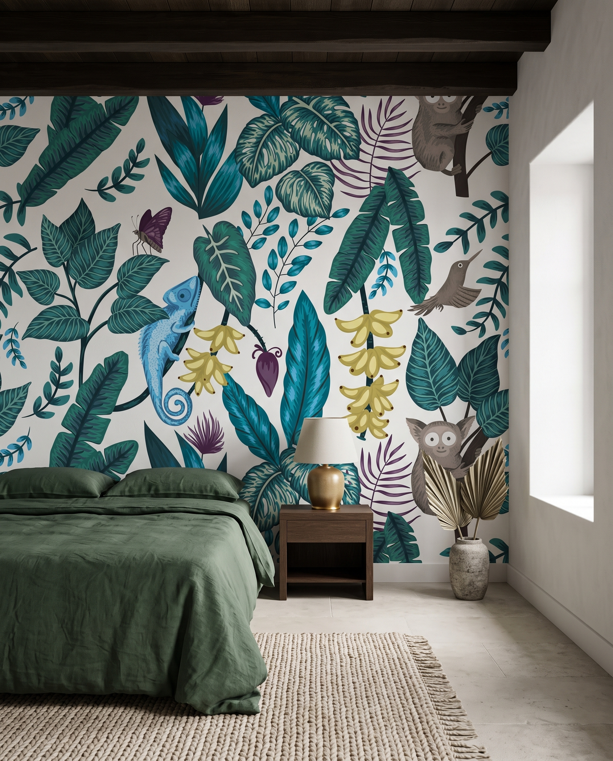 Faune de la jungle, papier peint panoramique dans une chambre : visuel d'ambiance illustratif