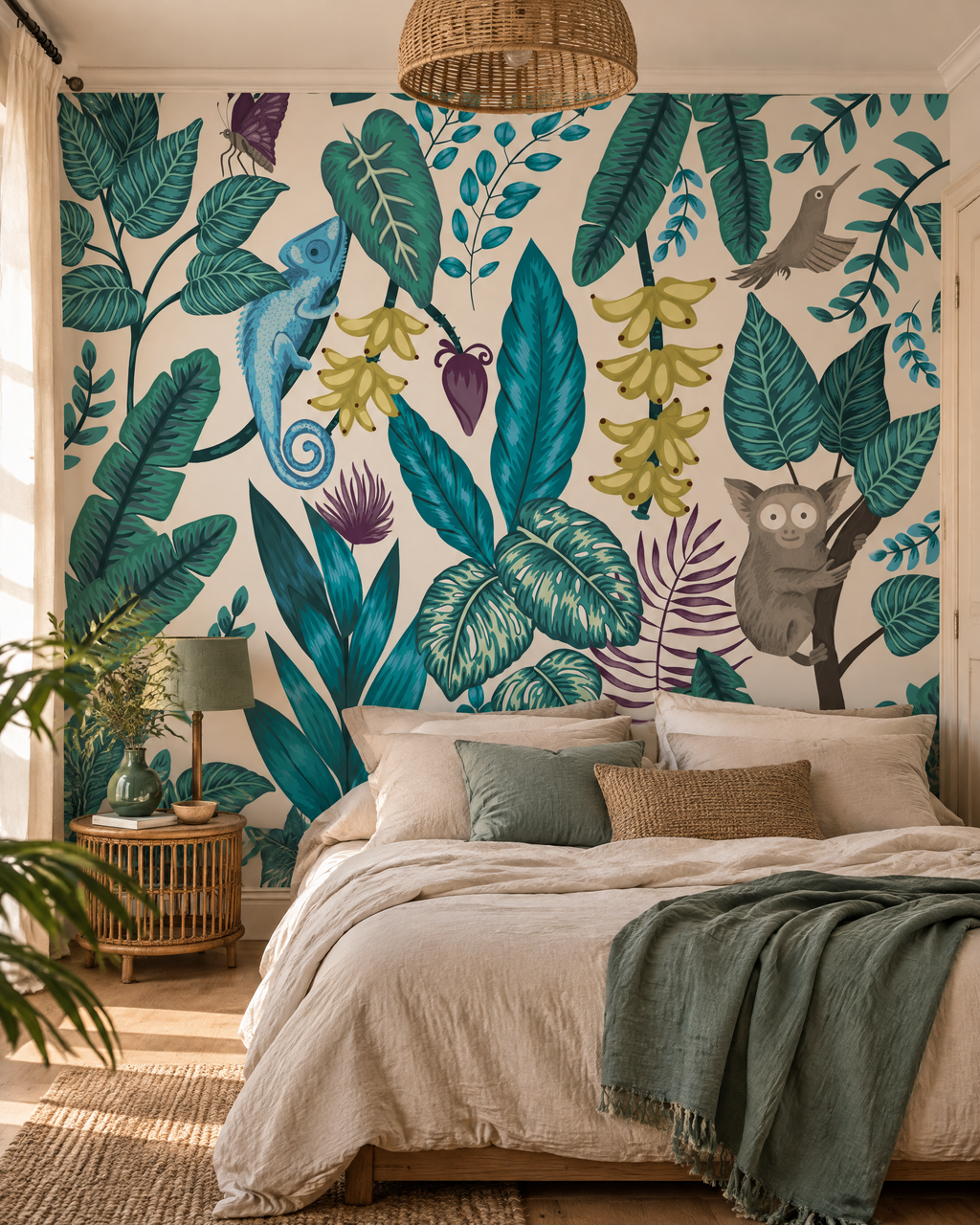 Faune de la jungle, papier peint panoramique dans une chambre : visuel d'ambiance illustratif
