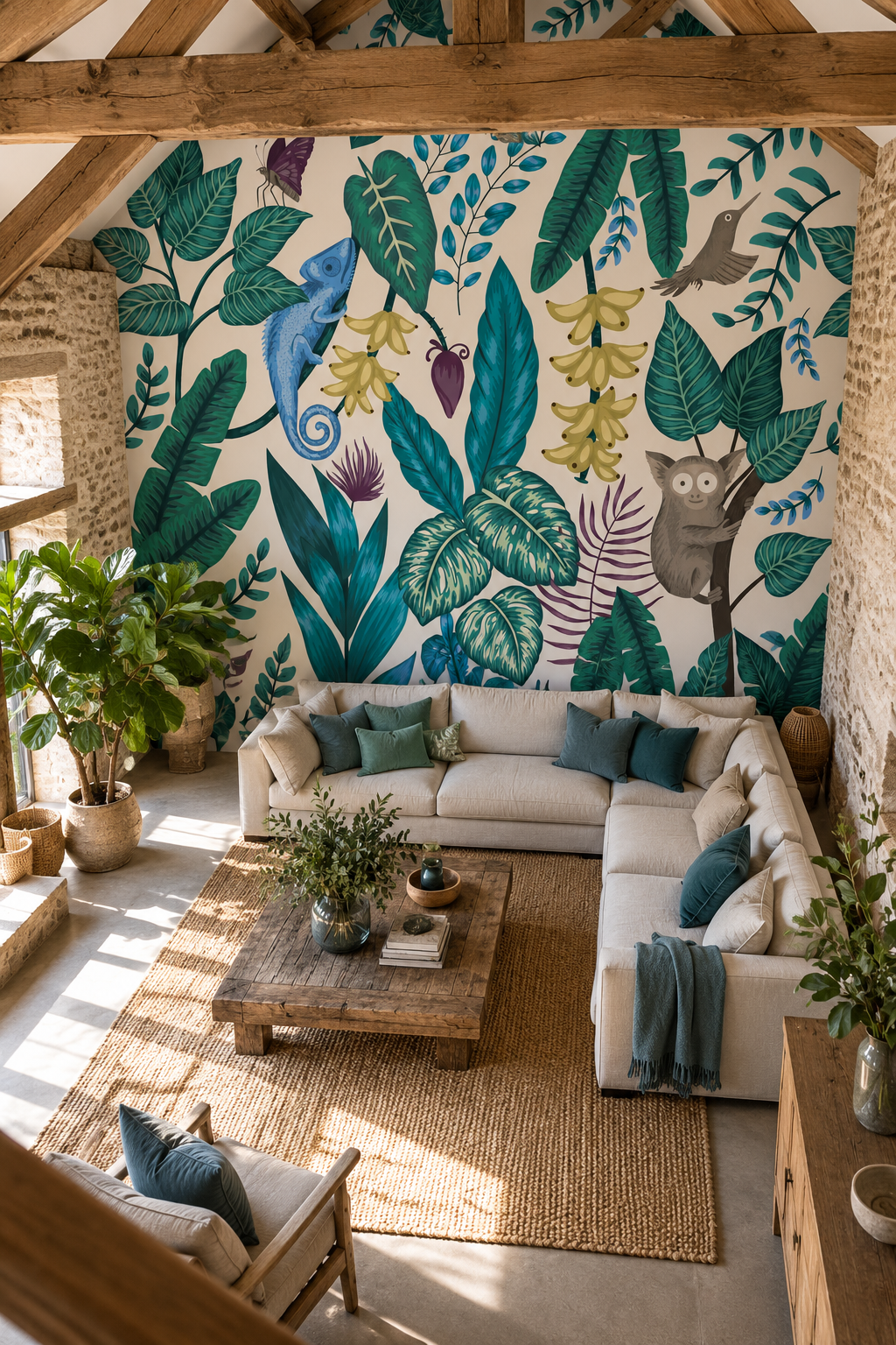 Faune de la jungle, papier peint panoramique dans un salon : visuel d'ambiance illustratif