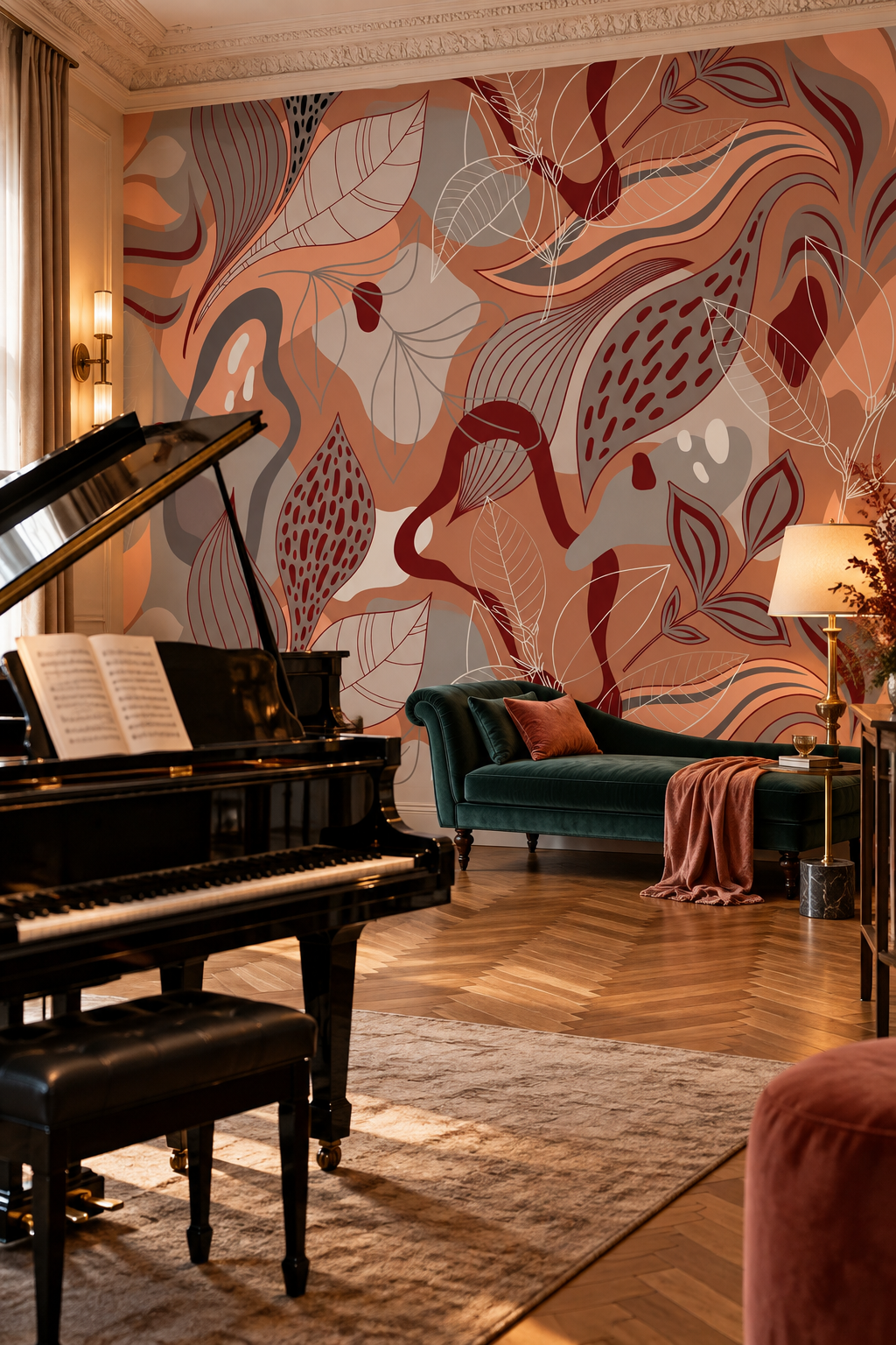 Feuillages gris perle, papier peint panoramique dans un salon : visuel d'ambiance illustratif