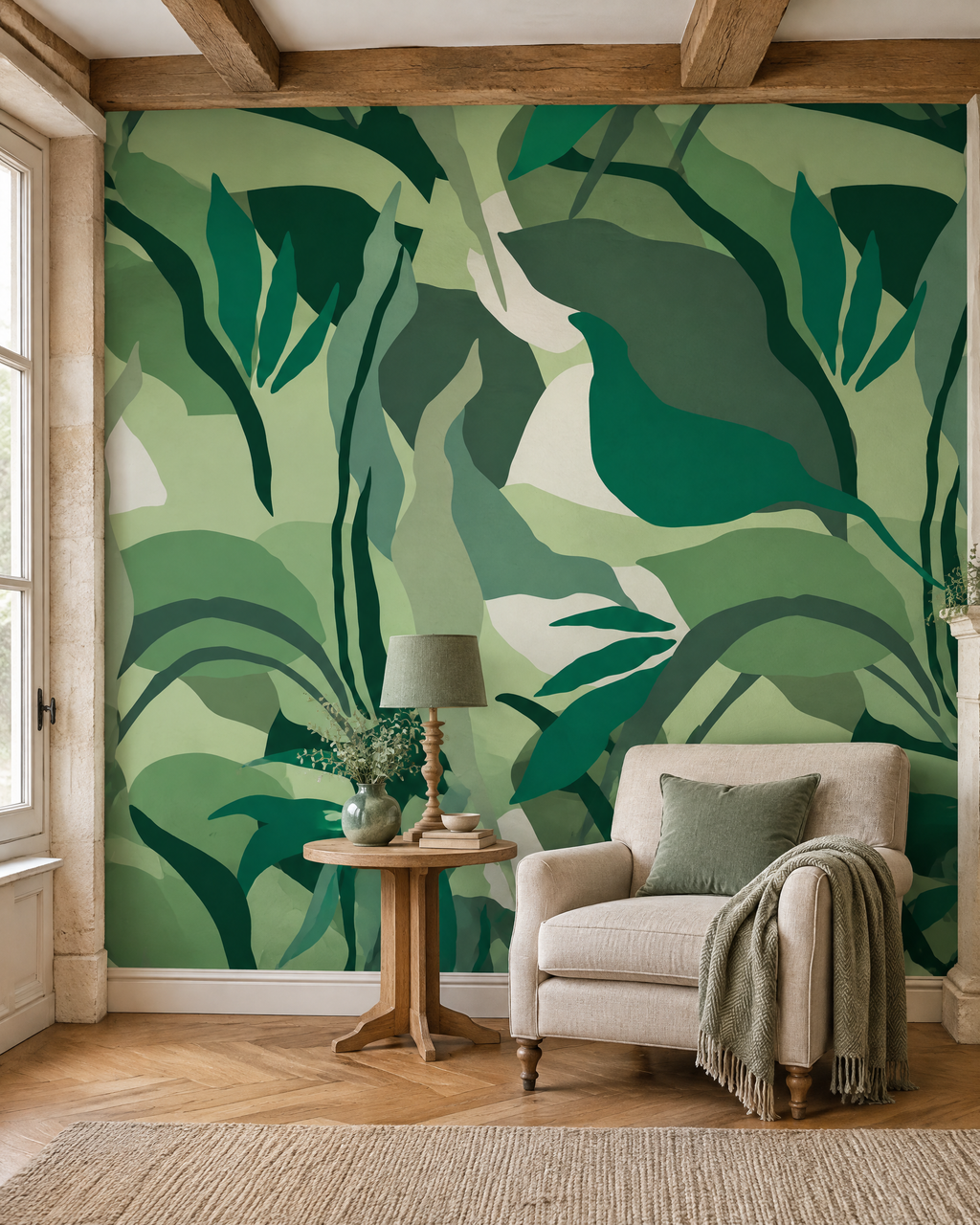 Feuillages sauge superposés, papier peint panoramique dans un salon : visuel d'ambiance illustratif