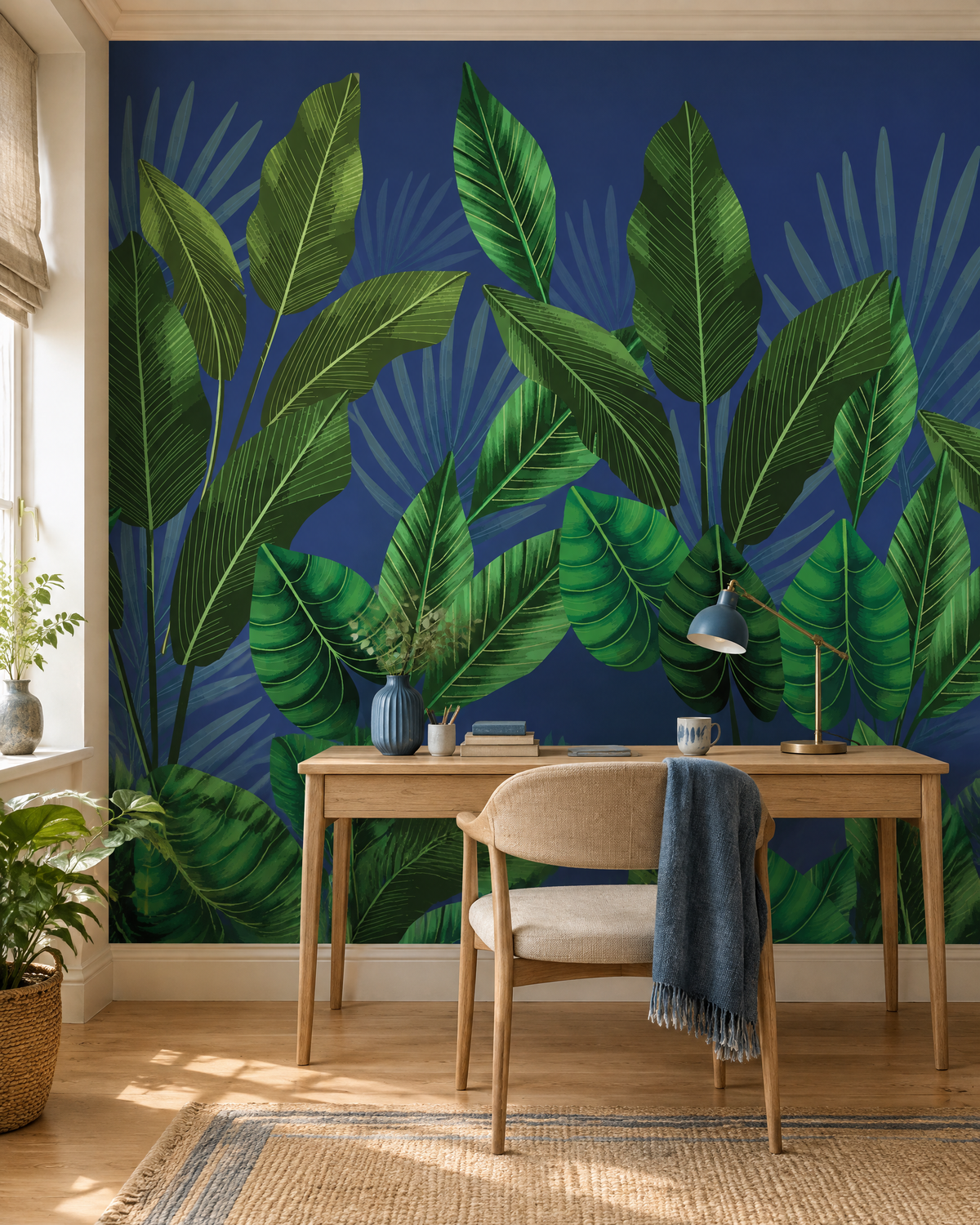 Feuillages sur bleu nuit, papier peint panoramique dans un bureau : visuel d'ambiance illustratif