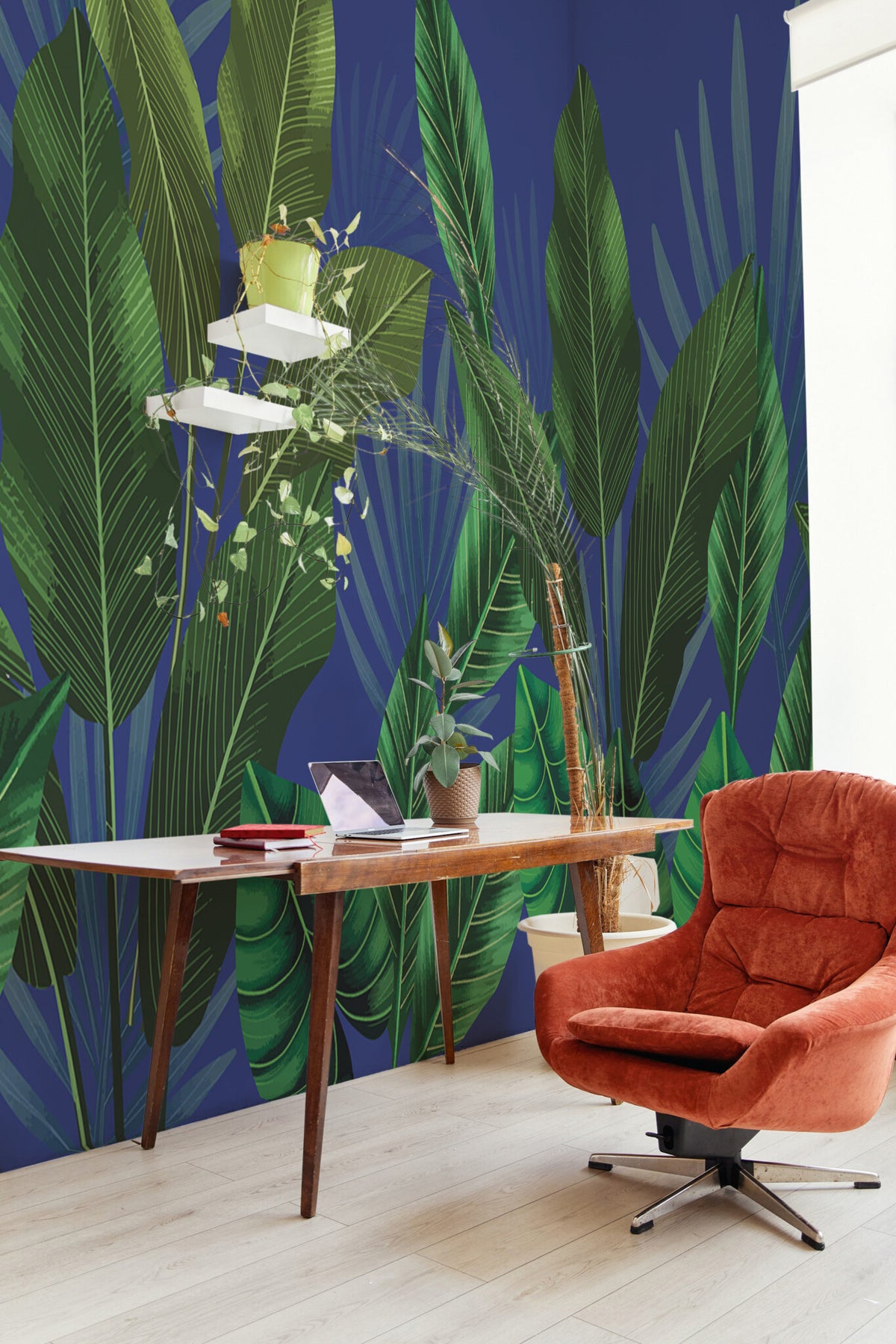 Feuillages sur bleu nuit · papier peint panoramique tropical