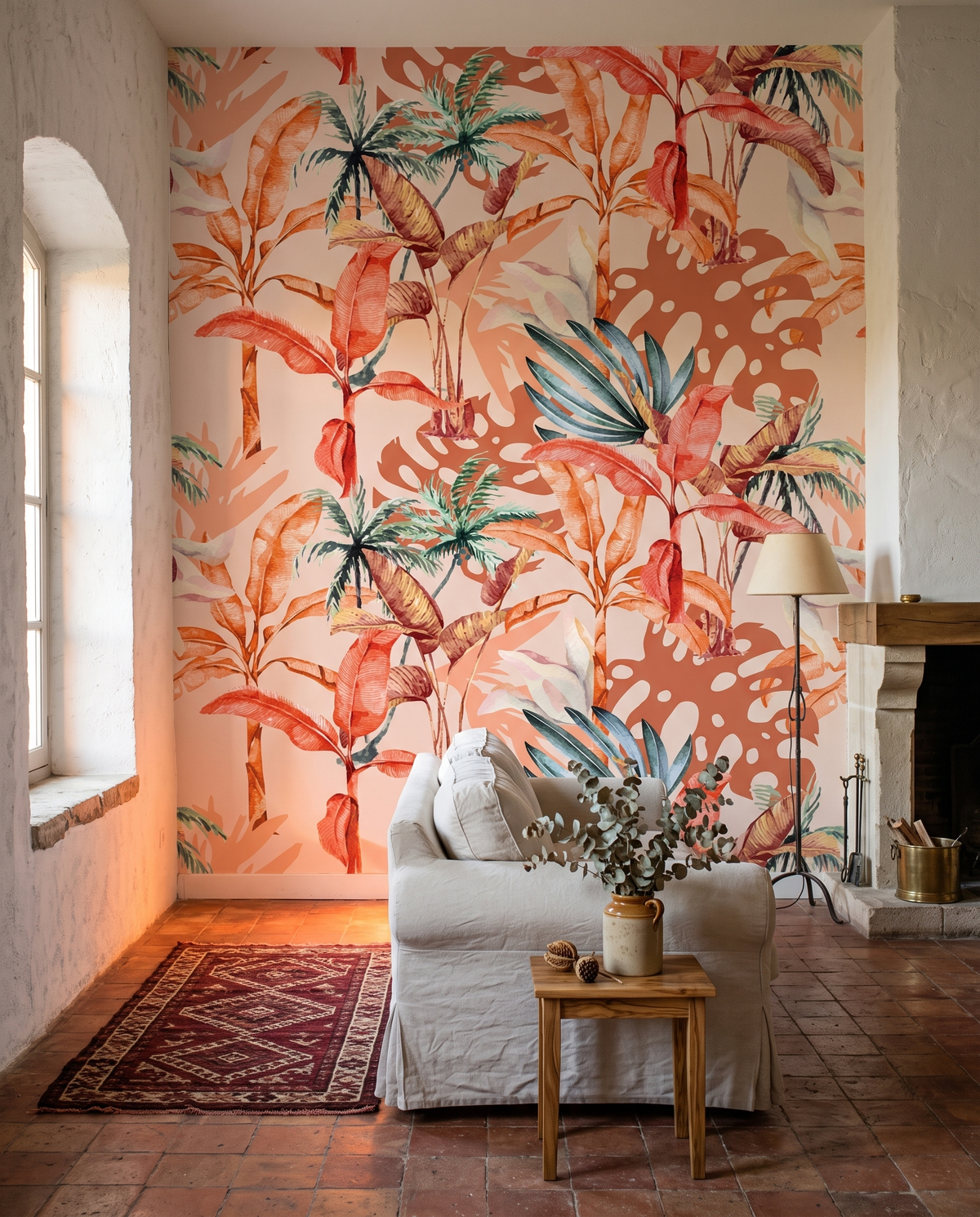 Feuillages terracotta, papier peint panoramique dans un salon : visuel d'ambiance illustratif