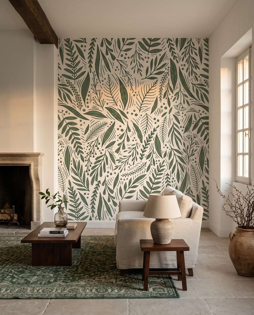 Feuilles à la main, papier peint panoramique dans un salon : visuel d'ambiance illustratif