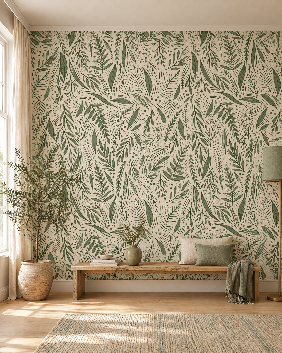 Feuilles à la main, papier peint panoramique dans un salon : visuel d'ambiance illustratif