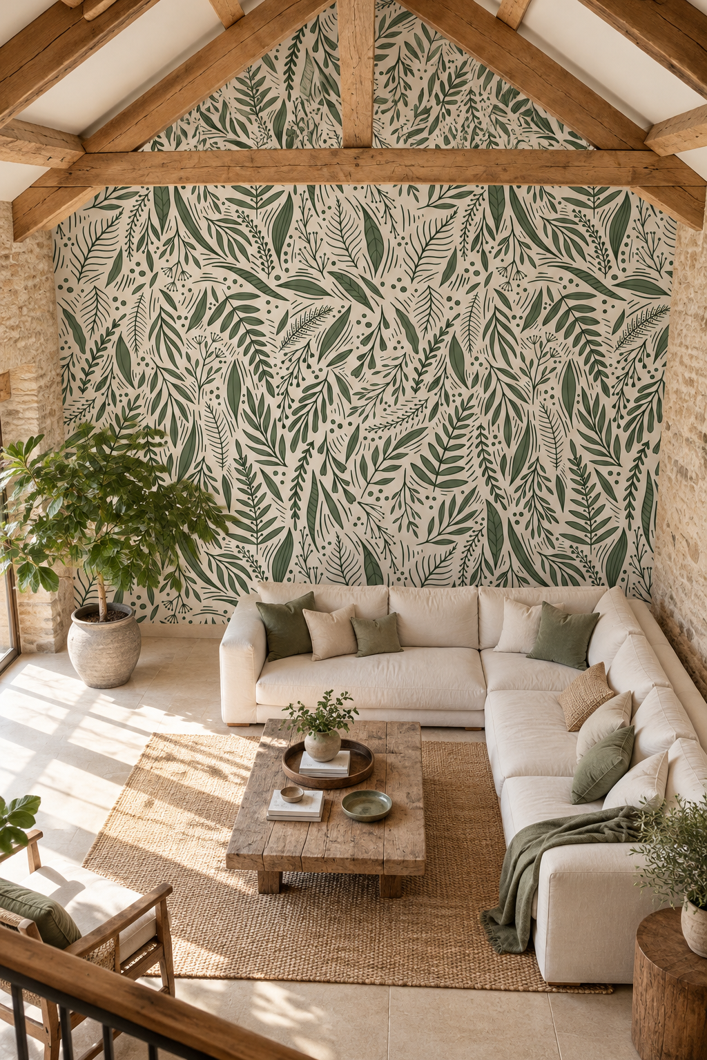 Feuilles à la main, papier peint panoramique dans un salon : visuel d'ambiance illustratif