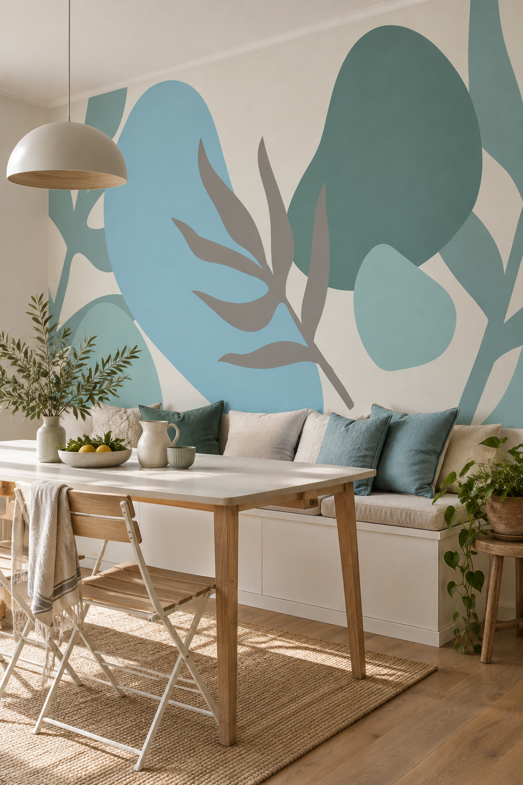 Feuilles abstraites turquoise, papier peint panoramique dans une salle à manger : visuel d'ambiance illustratif