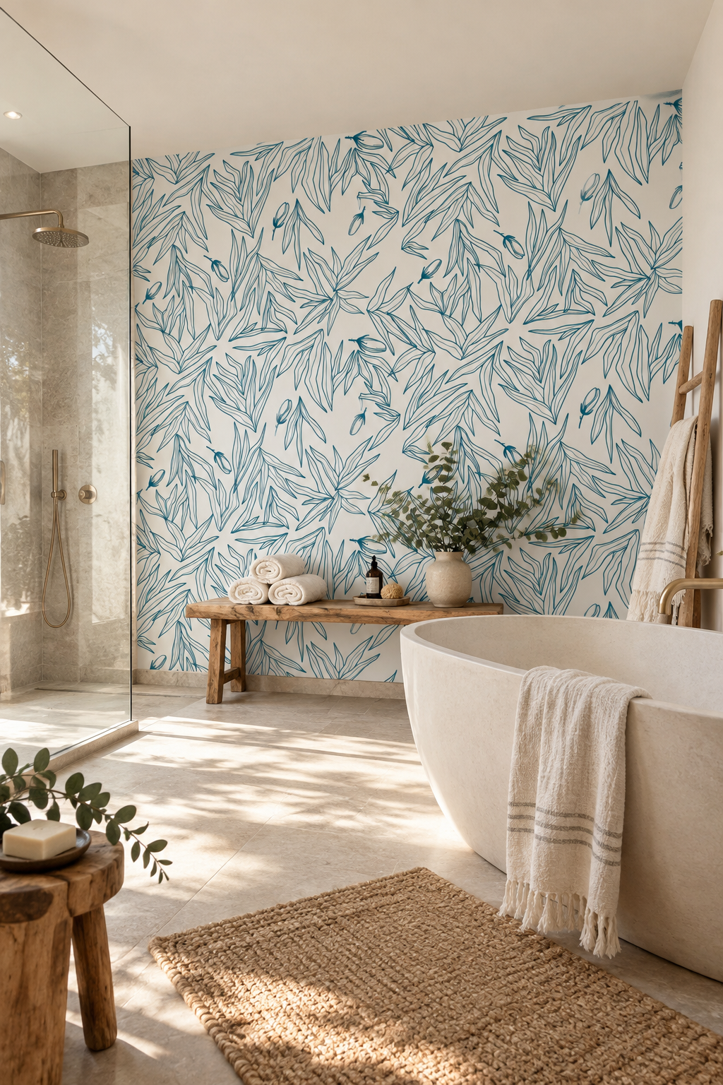 Feuilles bleues au trait, papier peint panoramique dans une salle de bain : visuel d'ambiance illustratif