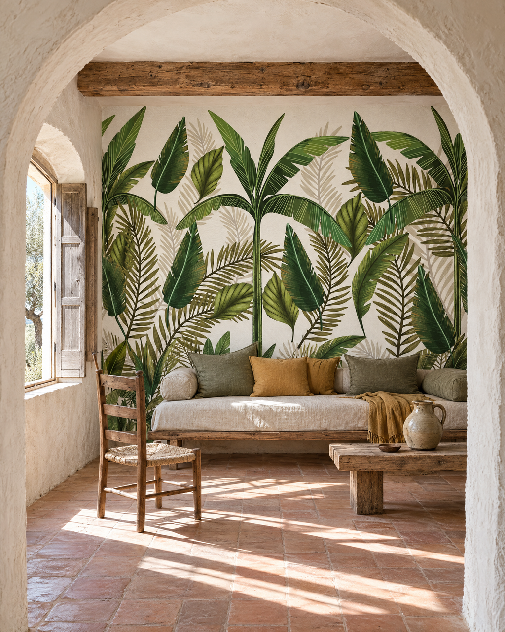 Feuilles sur fond clair, papier peint panoramique dans le salon d'un mas provençal : visuel d'ambiance illustratif