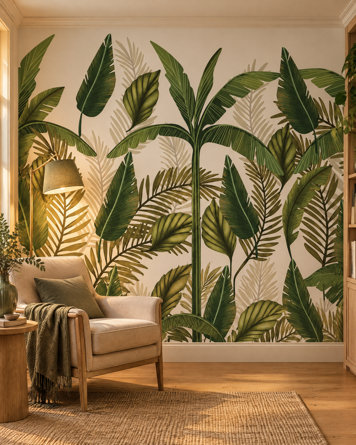 Feuilles sur fond clair, papier peint panoramique dans un bureau : visuel d'ambiance illustratif