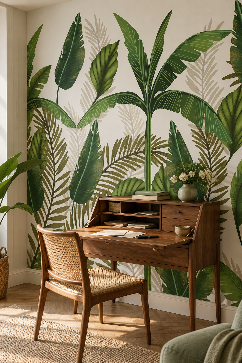 Feuilles sur fond clair, papier peint panoramique dans un bureau : visuel d'ambiance illustratif