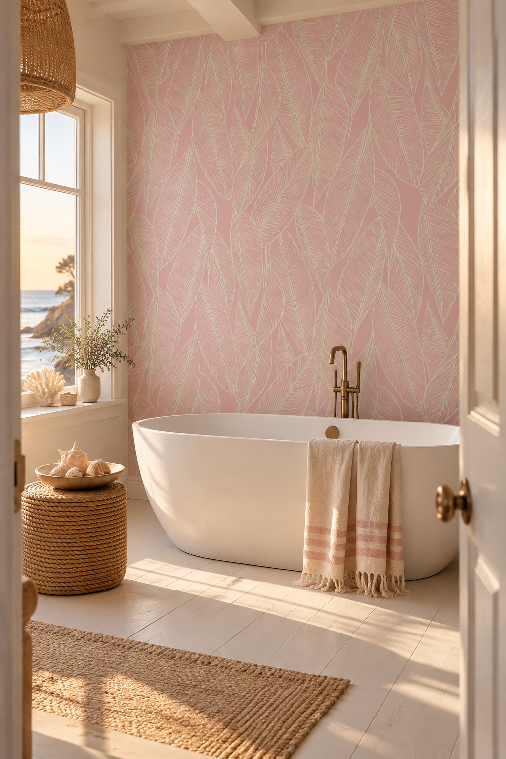 Feuilles sur rose pâle, papier peint panoramique dans une salle de bain : visuel d'ambiance illustratif