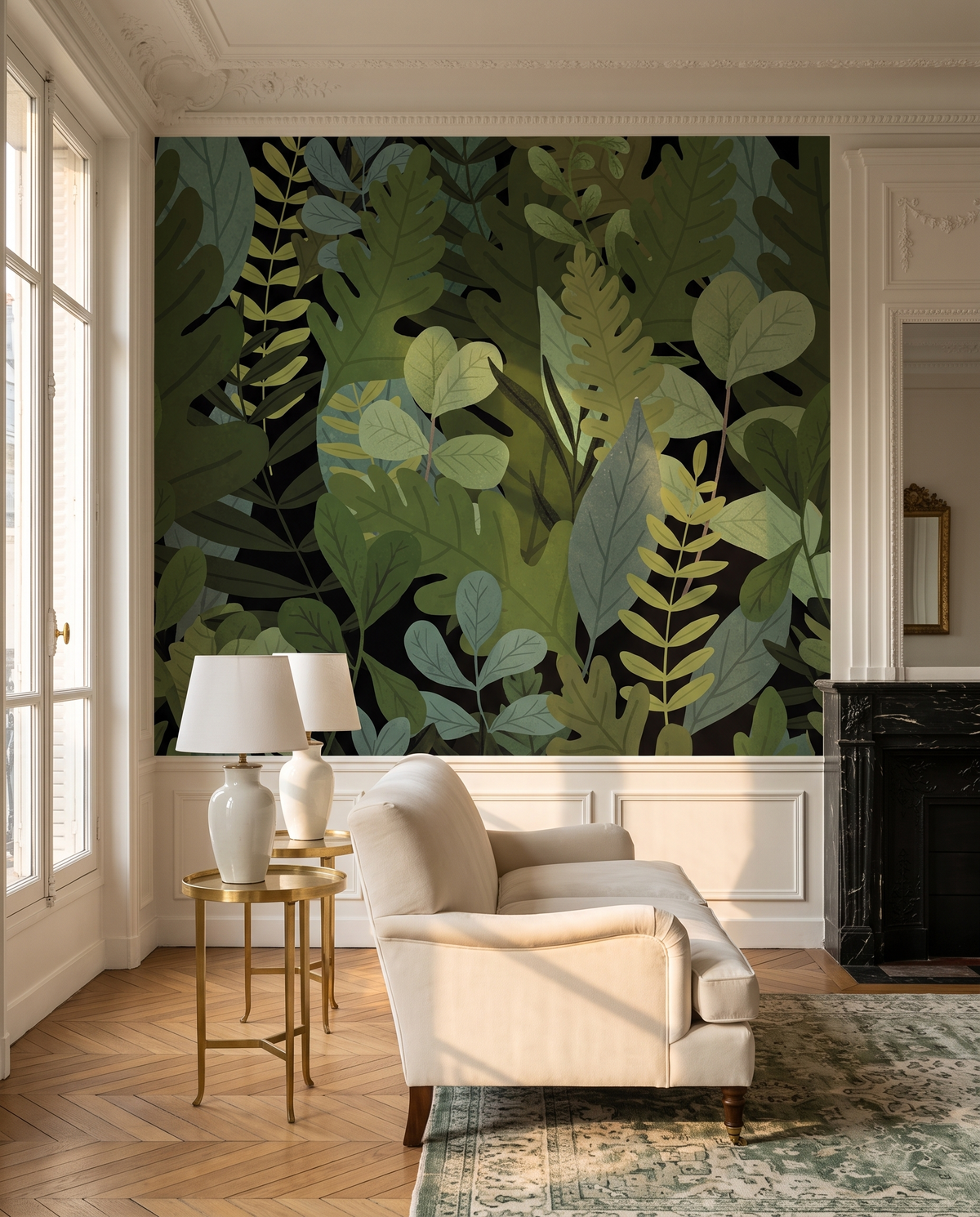 Feuilles vert sombre, papier peint panoramique dans un salon : visuel d'ambiance illustratif