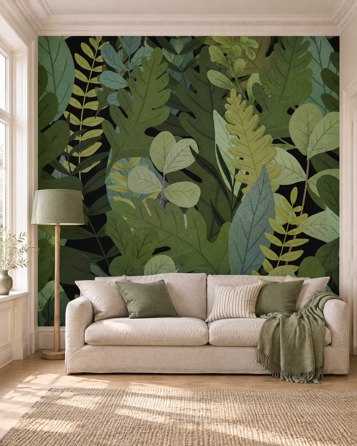 Feuilles vert sombre, papier peint panoramique dans un salon : visuel d'ambiance illustratif