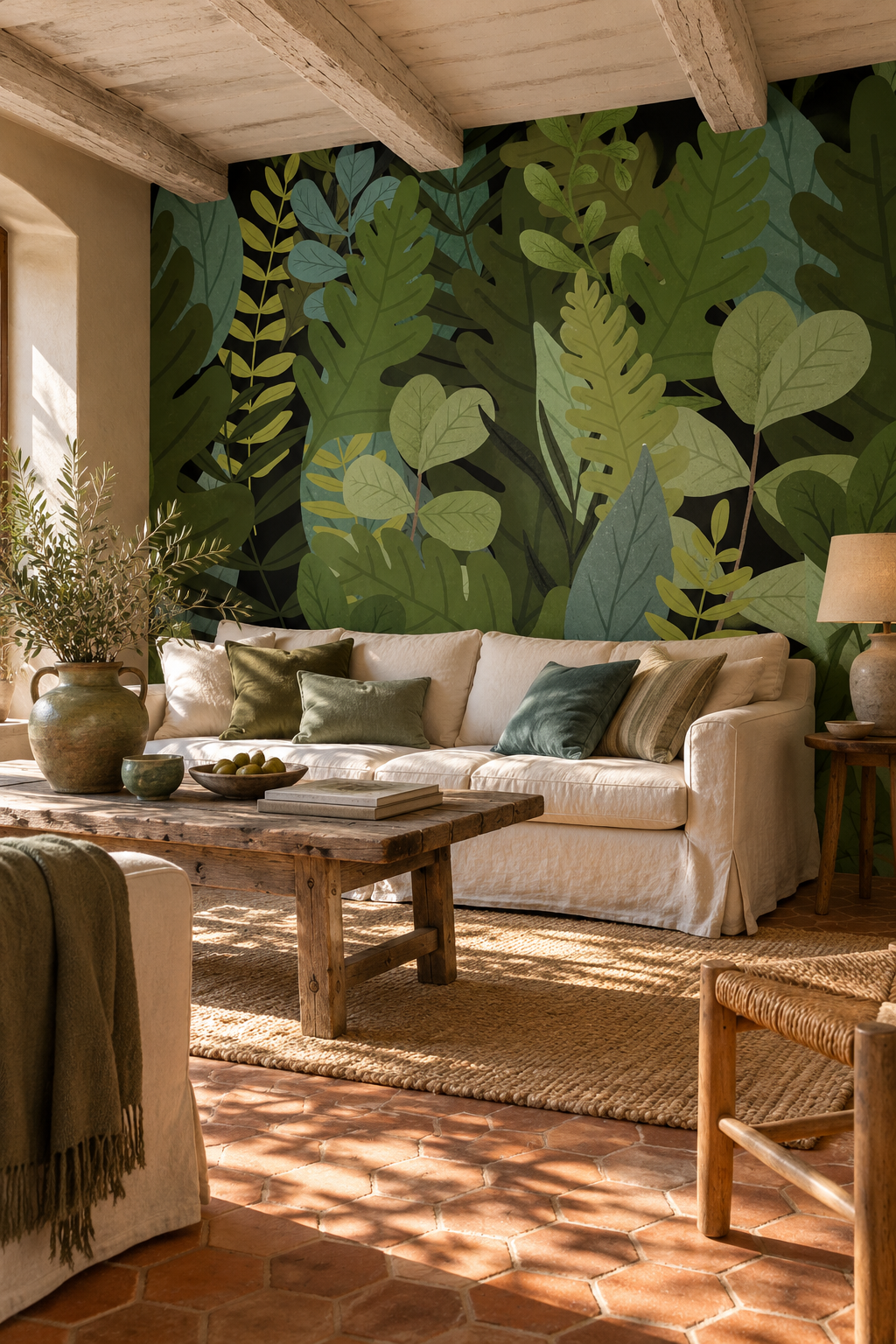 Feuilles vert sombre, papier peint panoramique dans un salon : visuel d'ambiance illustratif