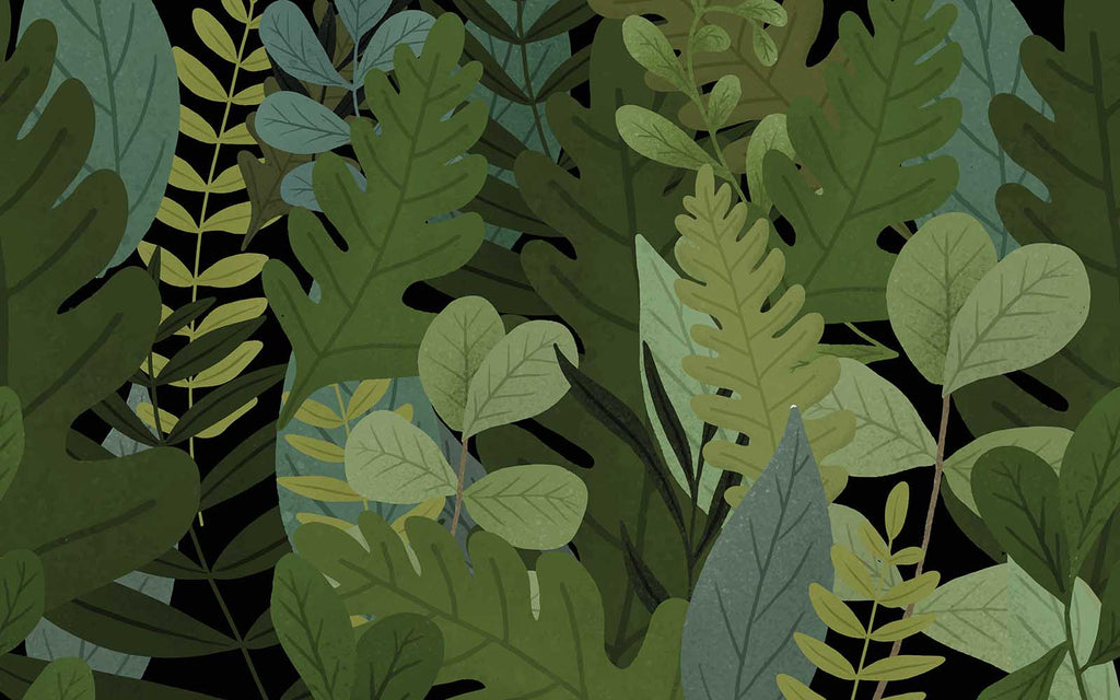 Papier peint panoramique Feuilles vert sombre : le décor à plat