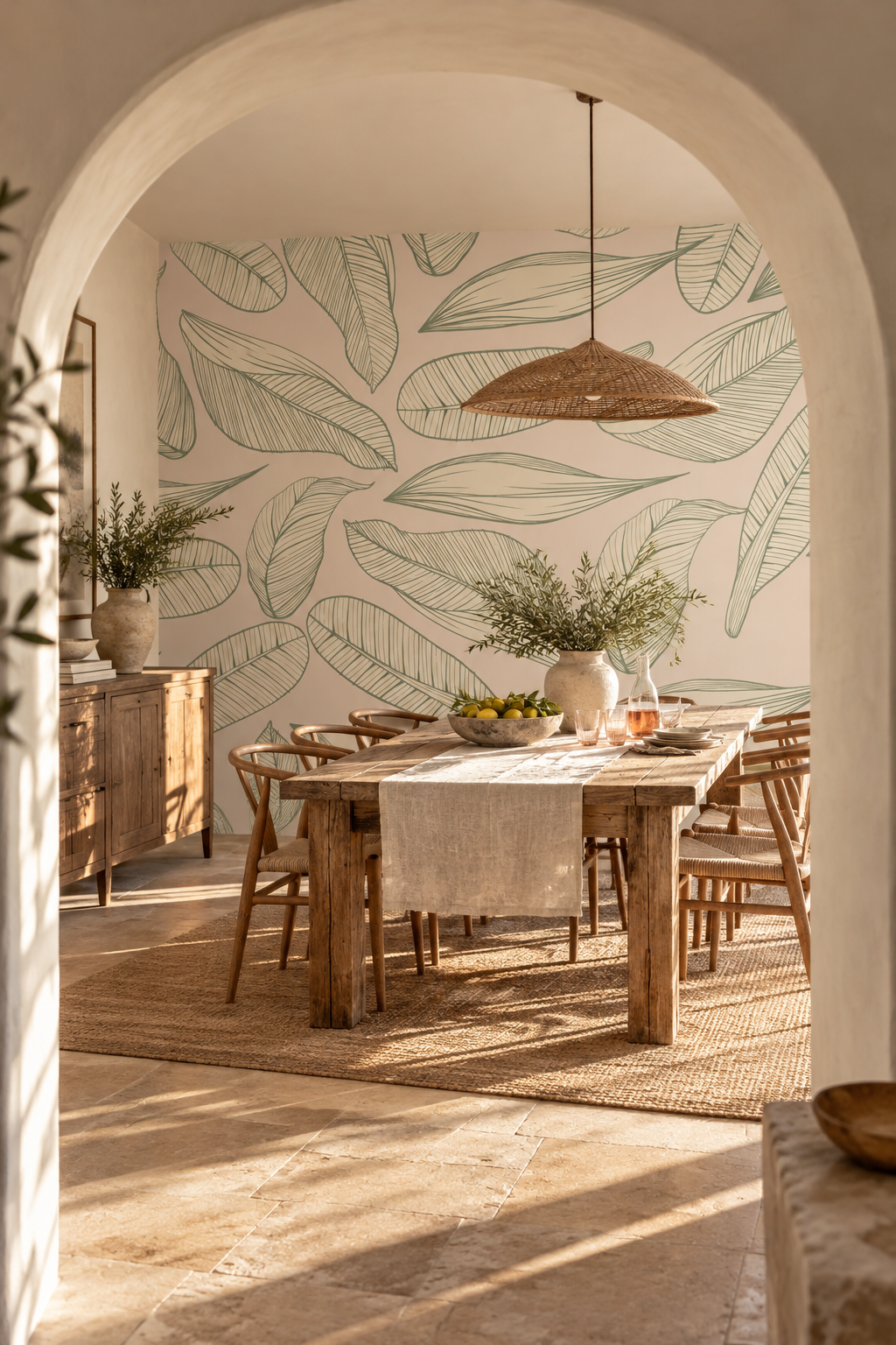 Feuilles vert tendre, papier peint panoramique dans une salle à manger : visuel d'ambiance illustratif