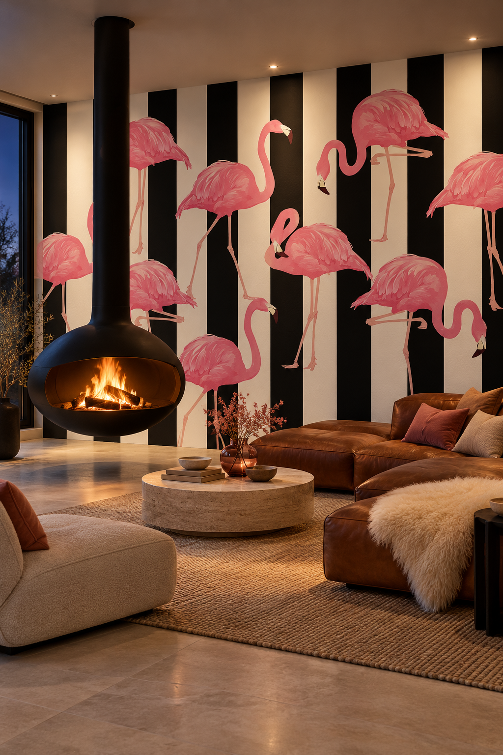 Flamants rayés, papier peint panoramique dans un salon : visuel d'ambiance illustratif