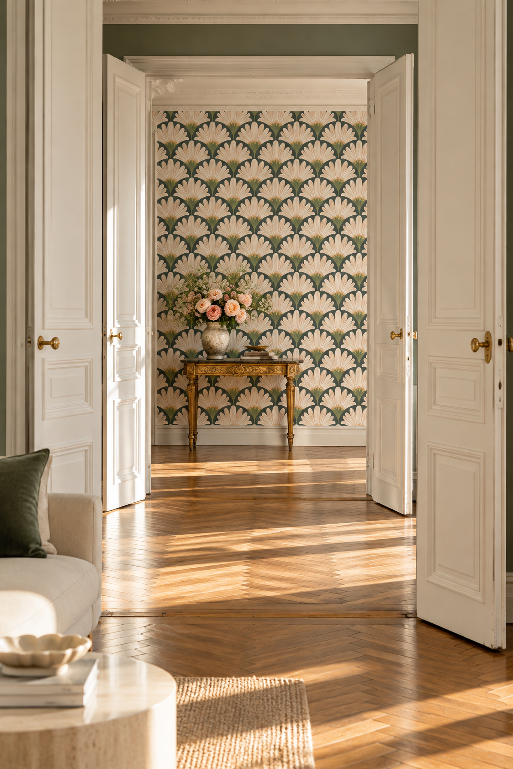 Fleurs art déco bleutées, papier peint panoramique dans un salon : visuel d'ambiance illustratif