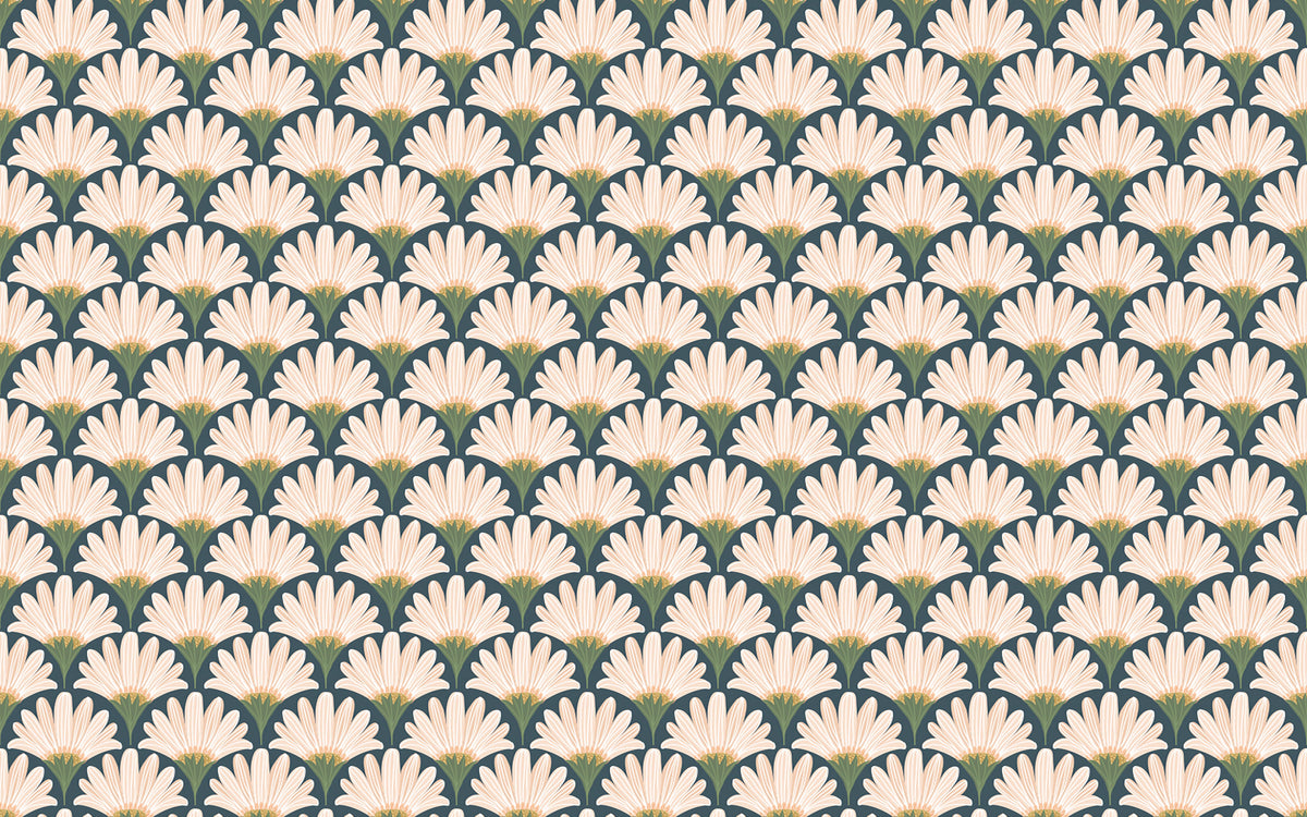 Papier peint panoramique Fleurs art déco bleutées : le décor à plat