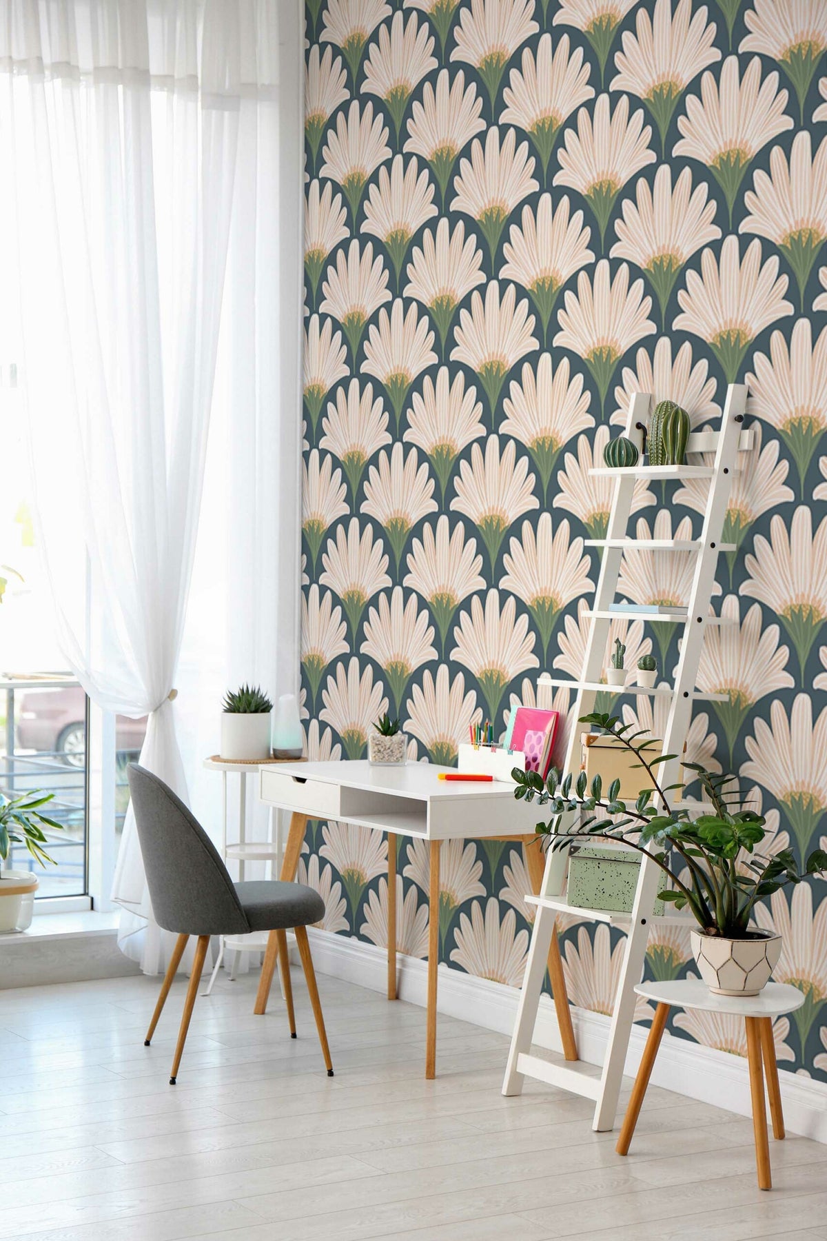 Fleurs art déco bleutées · papier peint panoramique, vue 4