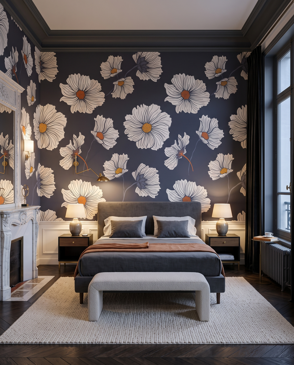 Fleurs blanches sur ardoise, papier peint panoramique dans une chambre : visuel d'ambiance illustratif