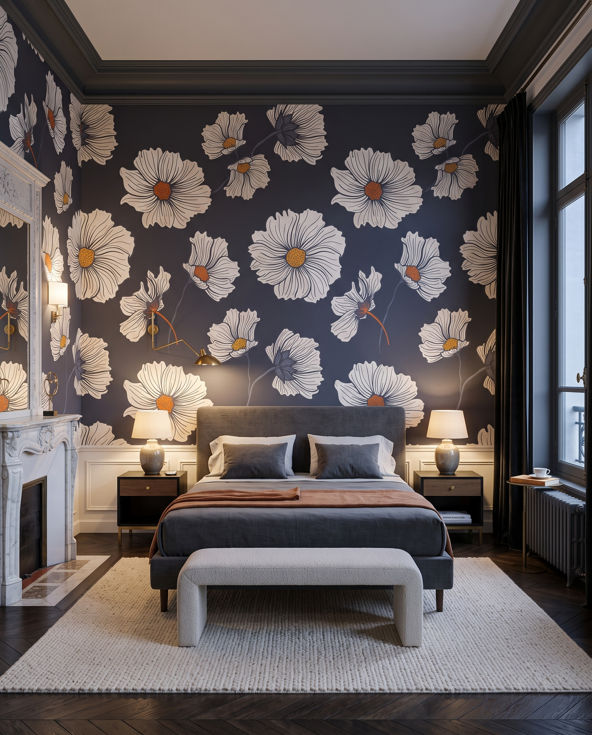 Fleurs blanches sur ardoise, papier peint panoramique dans une chambre : visuel d'ambiance illustratif