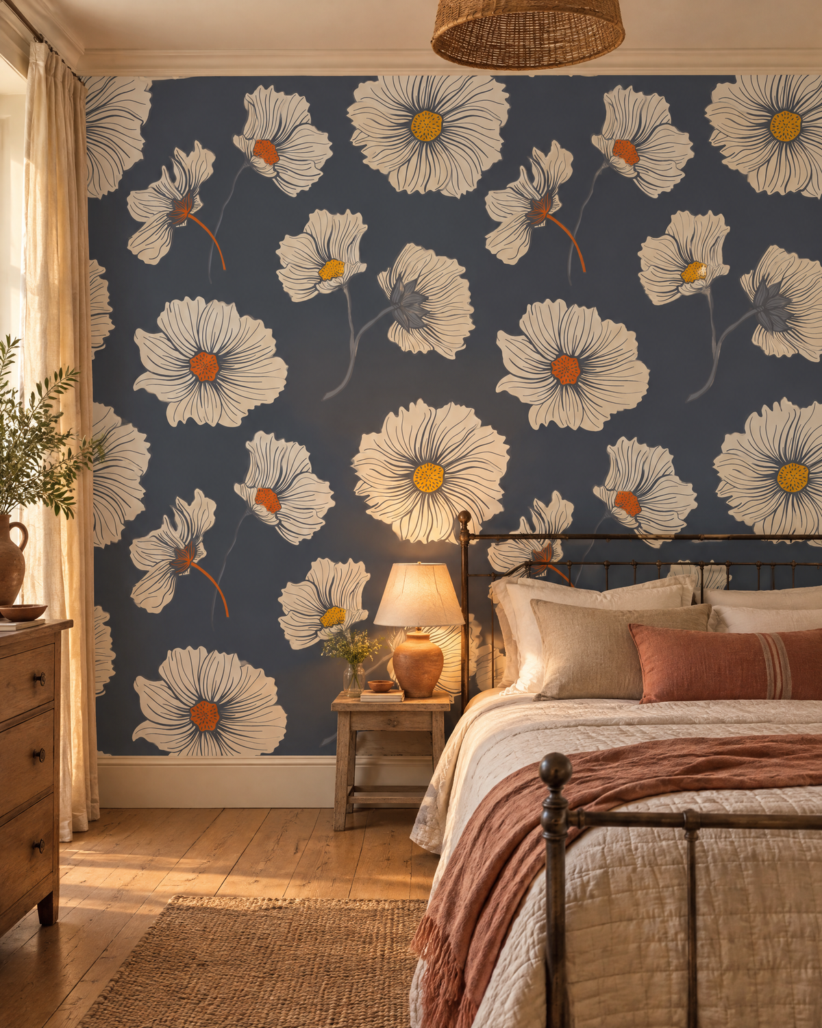 Fleurs blanches sur ardoise, papier peint panoramique dans une chambre : visuel d'ambiance illustratif
