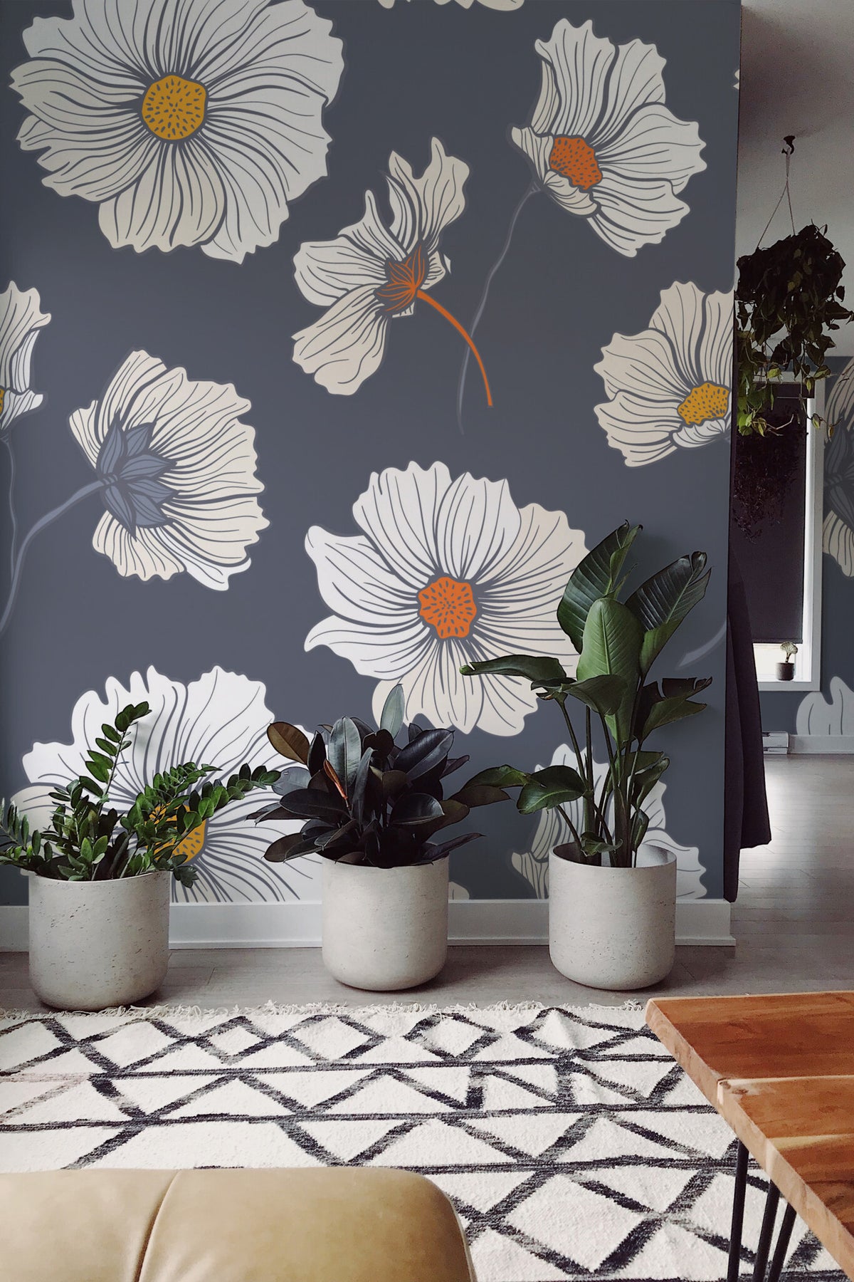 Fleurs blanches sur ardoise · papier peint panoramique fleurs