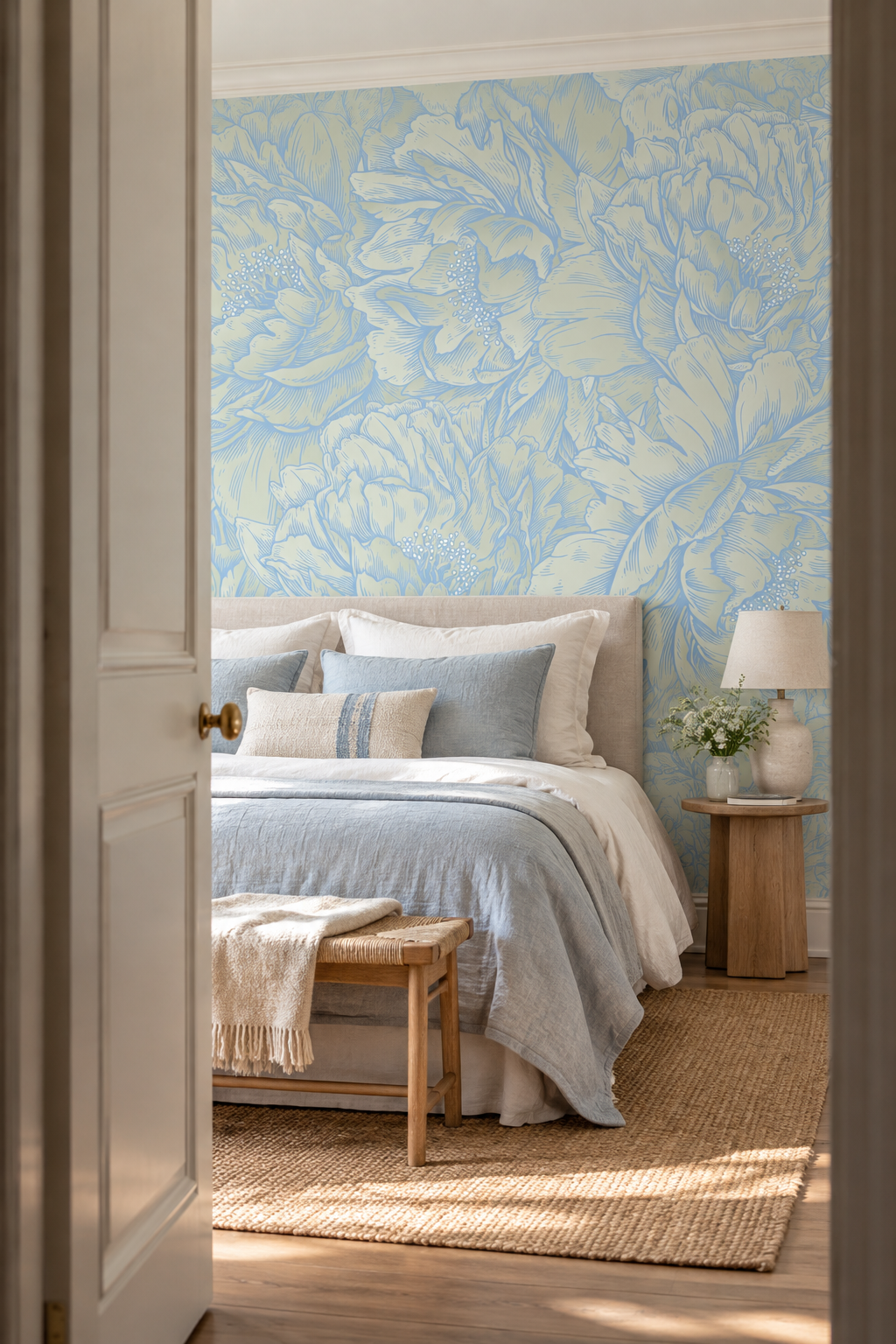 Fleurs cernées de bleu, papier peint panoramique dans une chambre : visuel d'ambiance illustratif
