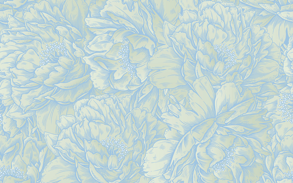 Papier peint panoramique Fleurs cernées de bleu : le décor à plat