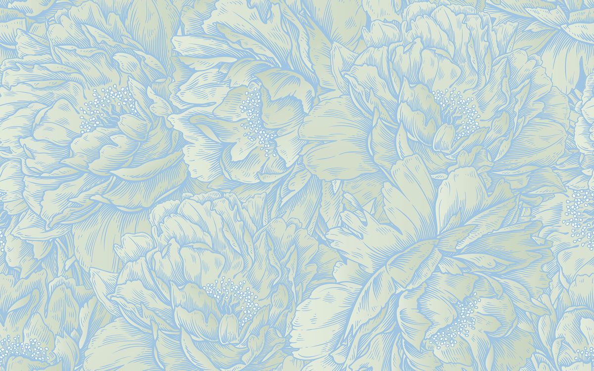 Papier peint panoramique Fleurs cernées de bleu : le décor à plat