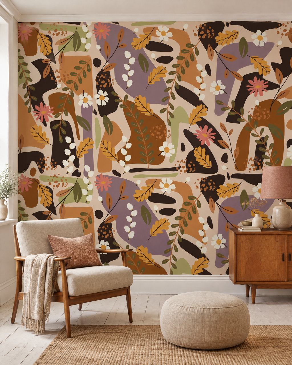Fleurs d'argile, papier peint panoramique dans un salon : visuel d'ambiance illustratif