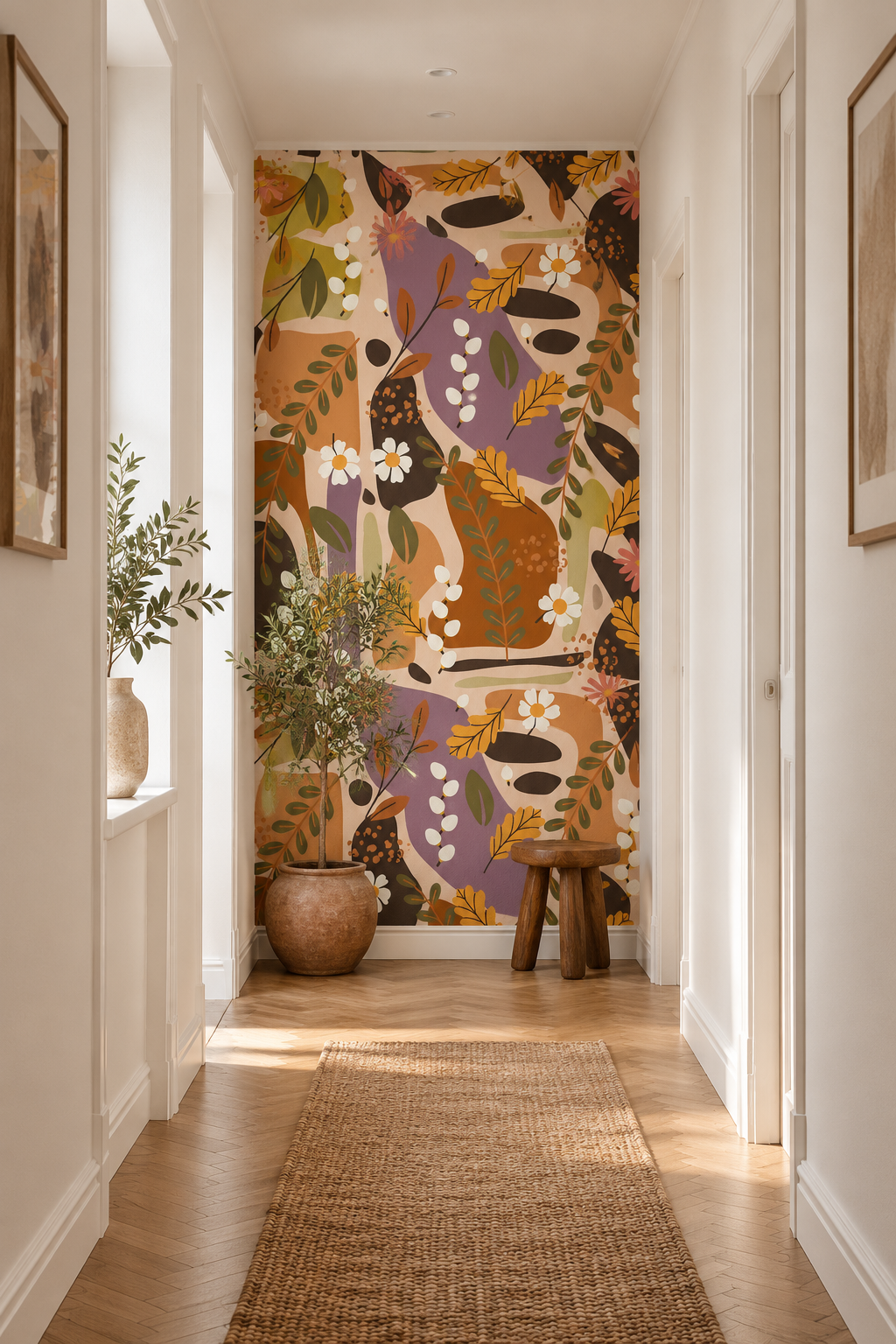 Fleurs d'argile, papier peint panoramique dans un couloir : visuel d'ambiance illustratif