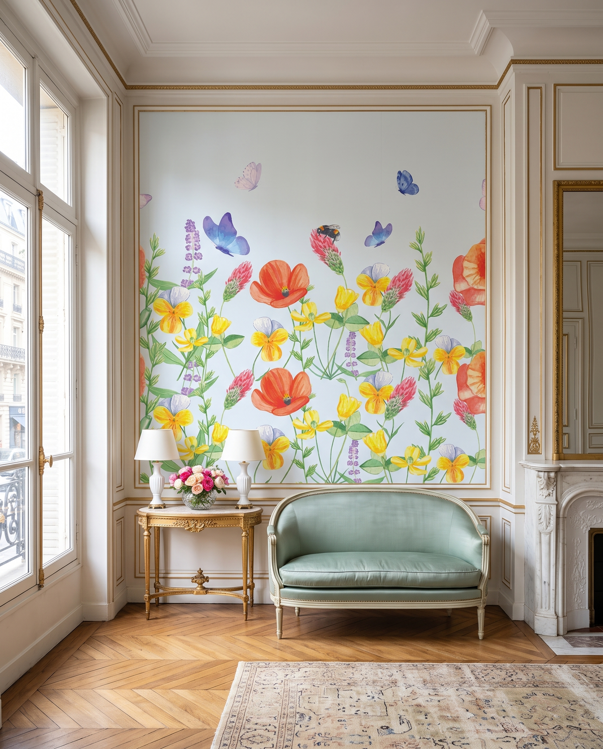 Fleurs de lavis, papier peint panoramique dans un salon : visuel d'ambiance illustratif