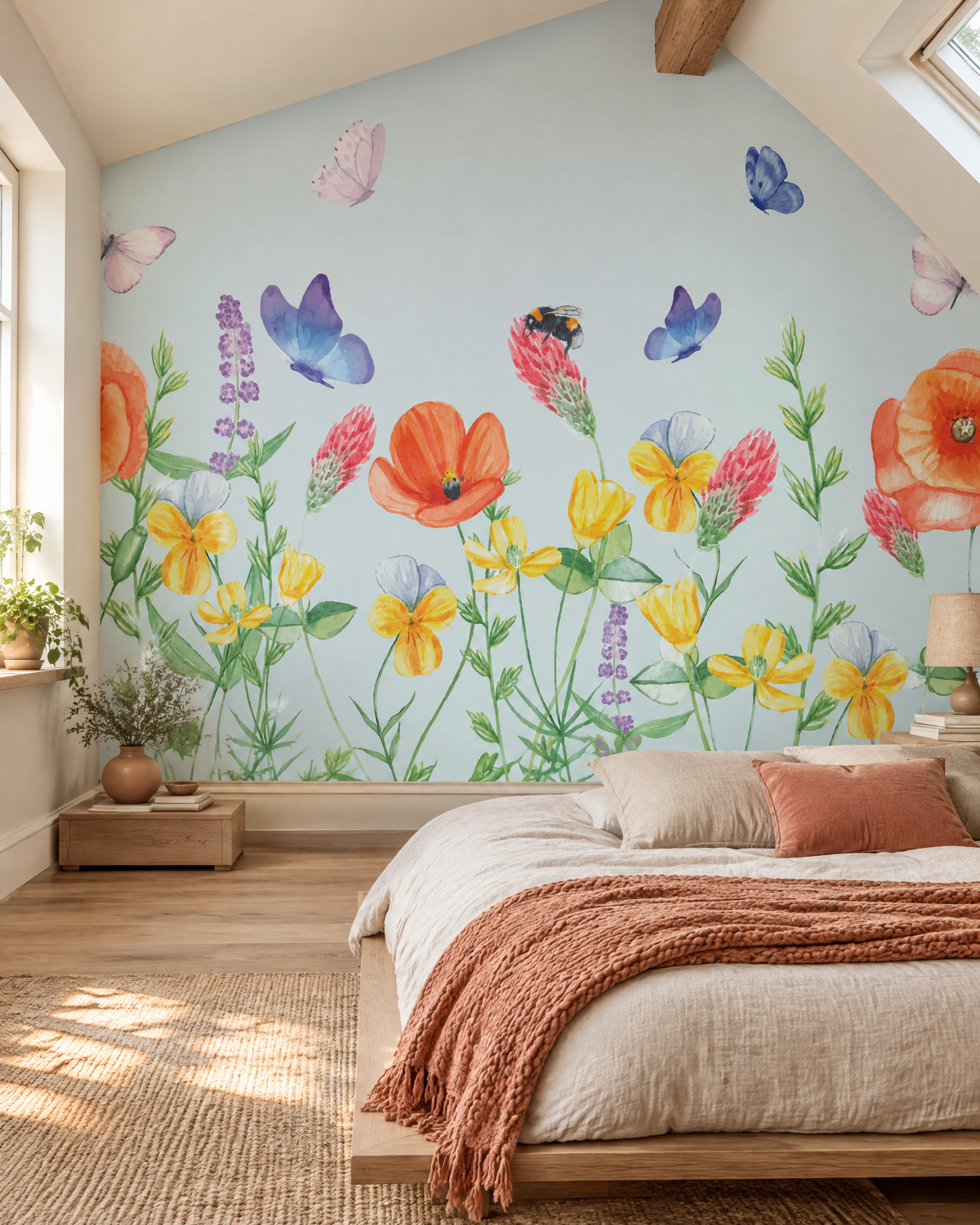 Fleurs de lavis, papier peint panoramique dans une chambre : visuel d'ambiance illustratif