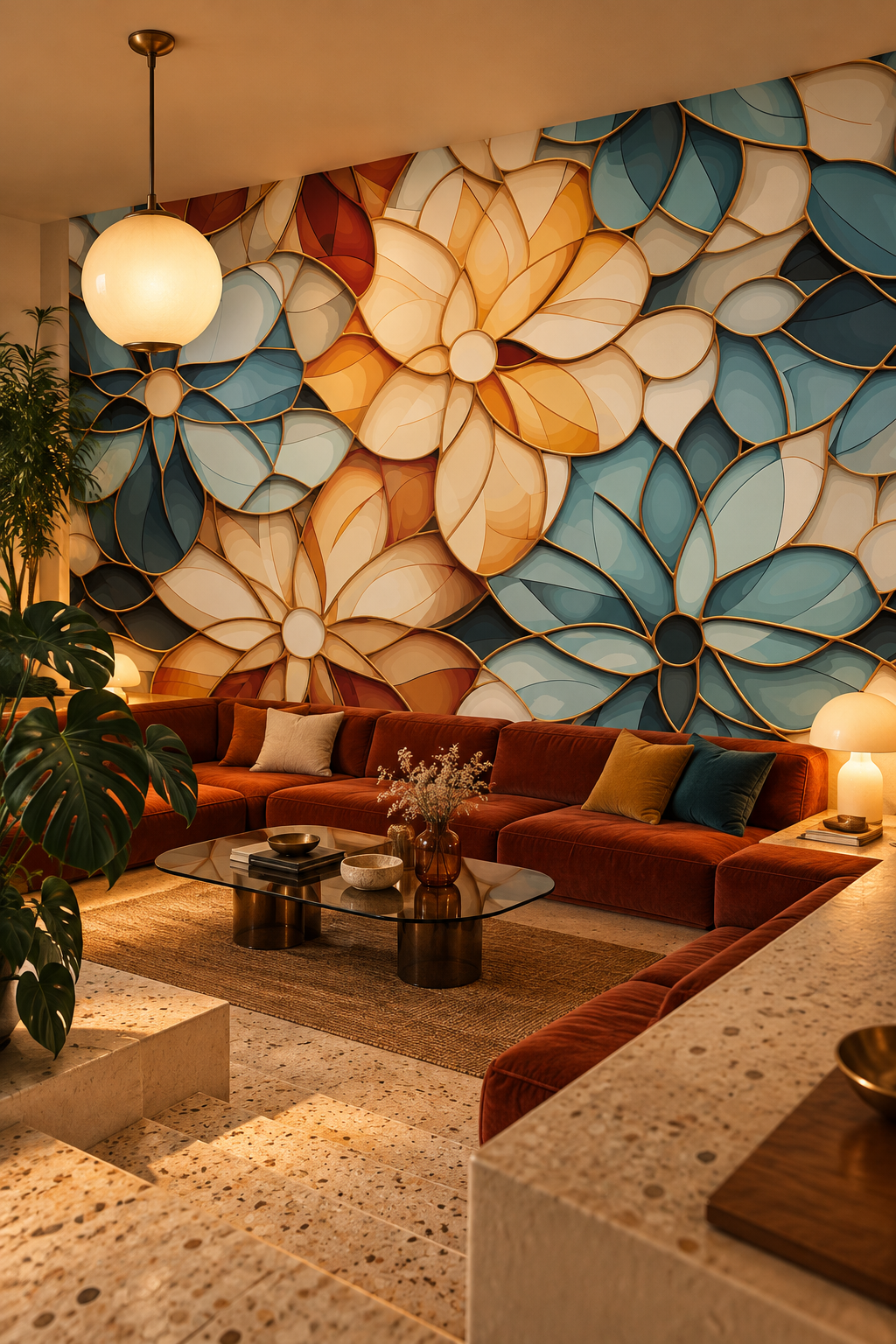 Fleurs de vitrail, papier peint panoramique dans un salon : visuel d'ambiance illustratif