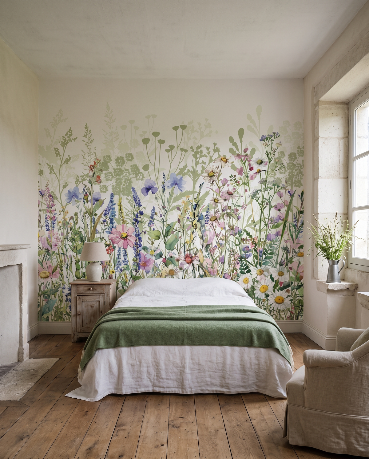 Fleurs des haies, papier peint panoramique dans une chambre : visuel d'ambiance illustratif