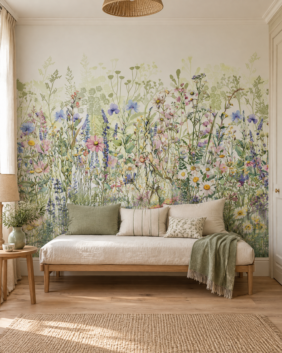 Fleurs des haies, papier peint panoramique dans une chambre : visuel d'ambiance illustratif