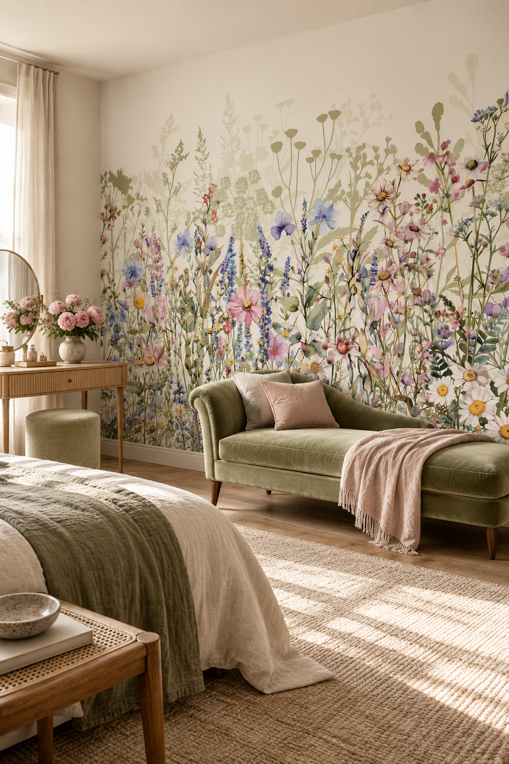 Fleurs des haies, papier peint panoramique dans une chambre : visuel d'ambiance illustratif