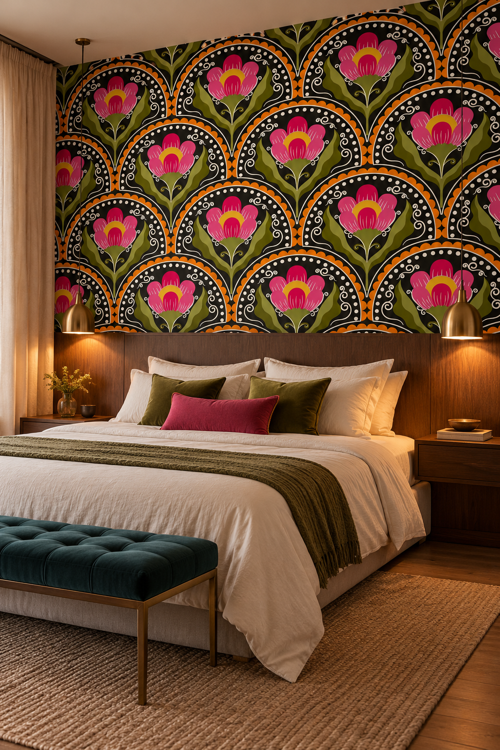 Fleurs en écailles roses, papier peint panoramique dans une chambre : visuel d'ambiance illustratif