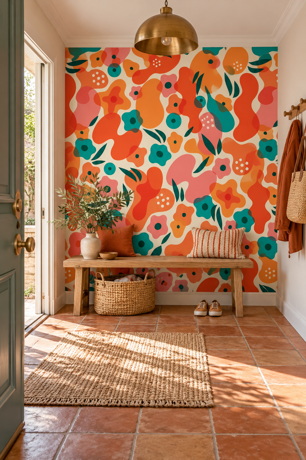 Fleurs en gerbe, papier peint panoramique dans une entrée : visuel d'ambiance illustratif