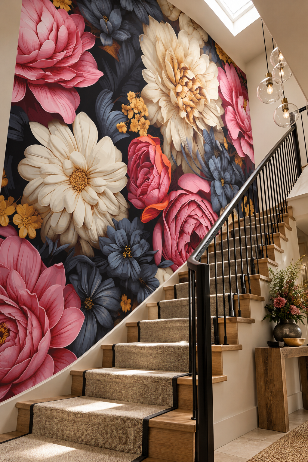 Fleurs en relief rose, papier peint panoramique dans une cage d'escalier : visuel d'ambiance illustratif