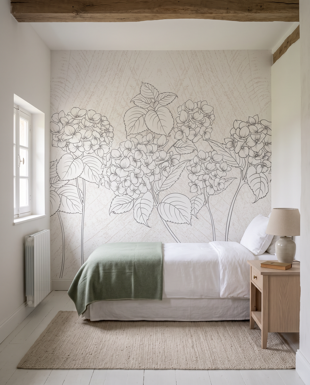 Fleurettes anciennes, papier peint panoramique dans une chambre : visuel d'ambiance illustratif