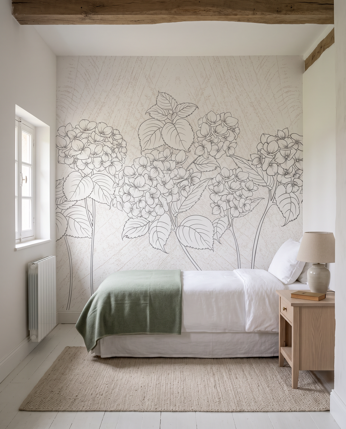 Fleurettes anciennes, papier peint panoramique dans une chambre : visuel d'ambiance illustratif