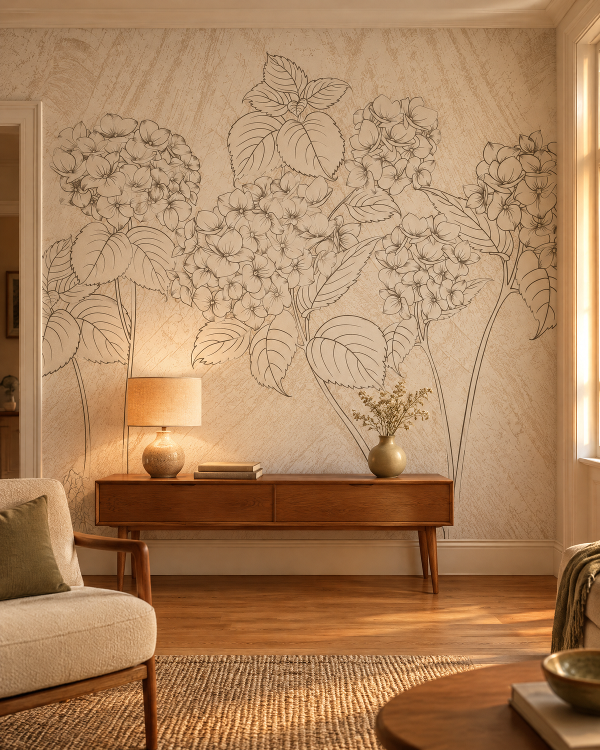 Fleurettes anciennes, papier peint panoramique dans un salon : visuel d'ambiance illustratif