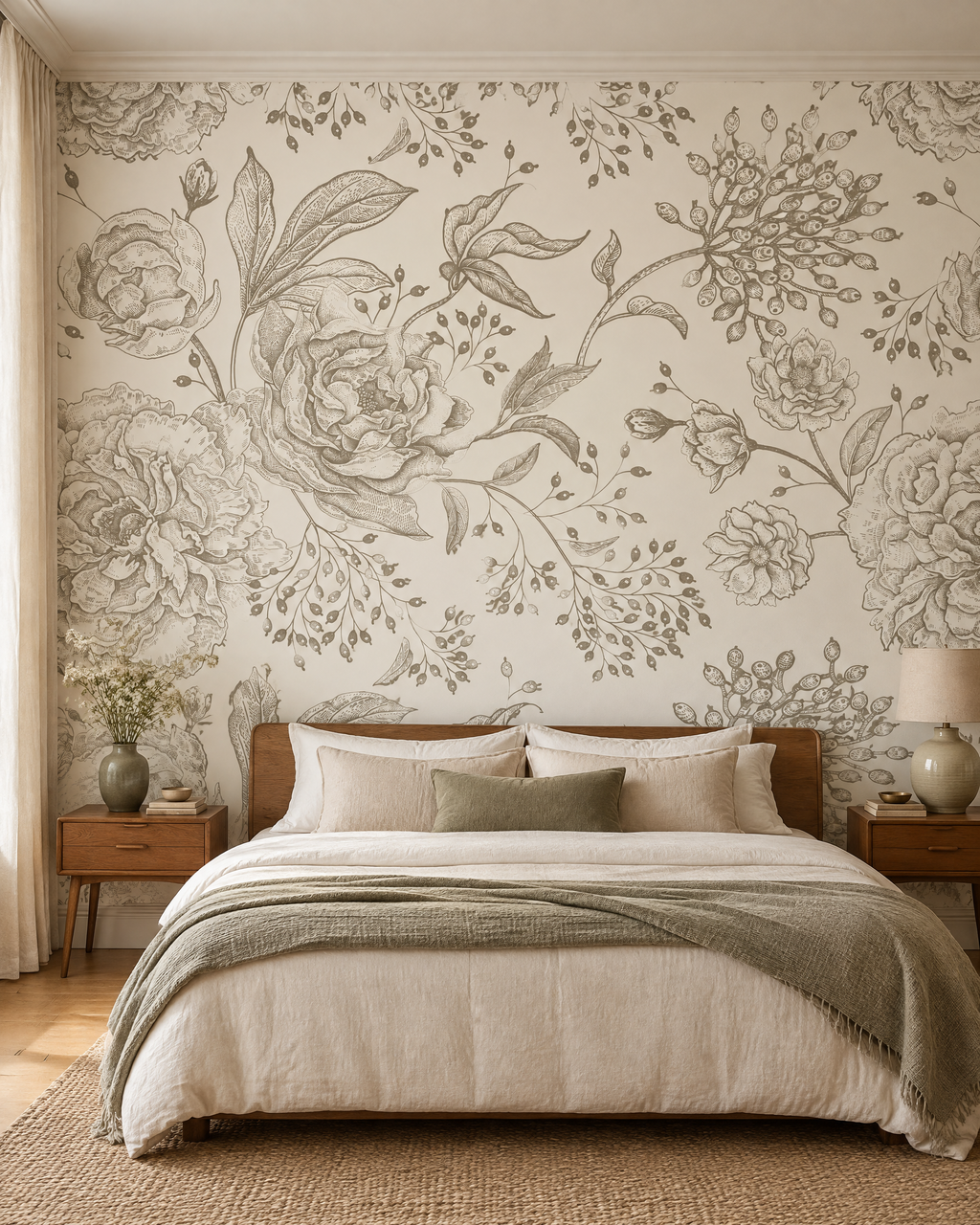 Floraison ancienne, papier peint panoramique dans une chambre : visuel d'ambiance illustratif