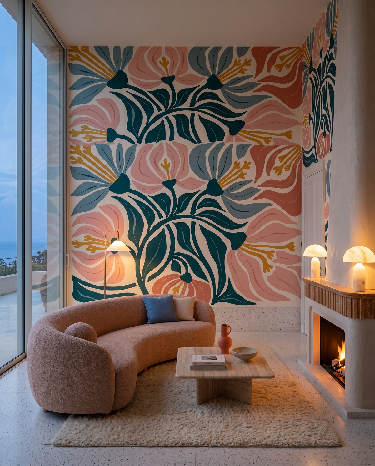 Fleurs géantes, papier peint panoramique dans un salon : visuel d'ambiance illustratif